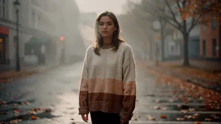 Sweater weather — lone figure in an oversized striped knit on a misty, leaf-strewn street; 4K Ultra HD PC desktop wallpaper and background.