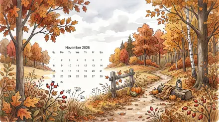 November 2026 calendar on 5K Ultra HD PC desktop wallpaper and background depicting an autumn woodland path with pumpkins, a fence, and golden trees.