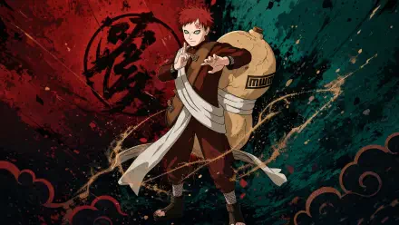 Gaara (Naruto) in a dynamic sand stance against a red and teal splattered backdrop — 4K Ultra HD PC desktop wallpaper and background.