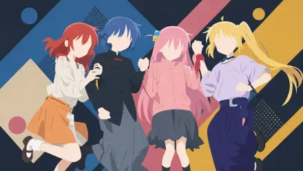 Bocchi the Rock! 4K Ultra HD PC desktop wallpaper: four band girls in colorful outfits posing and singing against a bold geometric background.
