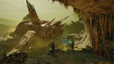 HD PC desktop wallpaper and background for Exodus (2027 Video Game): two explorers stand by a crashed starship inside a misty green alien cavern with jagged stalactites.