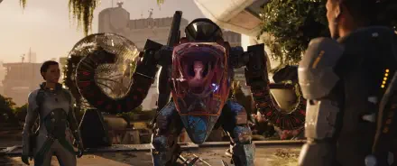 HD PC desktop wallpaper/background from the video game Exodus (2027): a weathered combat mech with a glowing cockpit and tentacle-like arms standing in a sunlit ruined urban plaza.