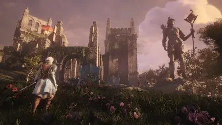 Soulframe video game 4K Ultra HD PC desktop wallpaper: a lone armored figure walks through a flowered field toward a ruined cathedral while a towering stone sentinel looms under a dusky sky.