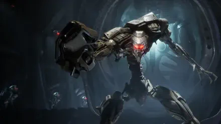 4K Ultra HD PC desktop wallpaper and background of a menacing combat mech firing a glowing red core in a dark industrial tunnel — artwork from the video game Exodus (2027).