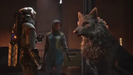 4K Ultra HD PC desktop wallpaper from Exodus (2027 video game): armored soldier, hooded figure and a massive wolf in a dim, futuristic interior.