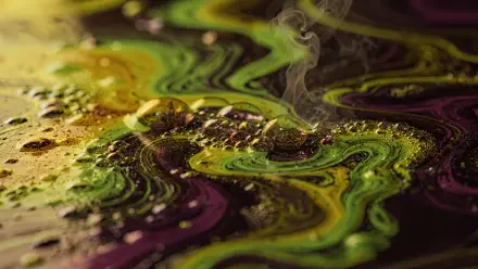 Abstract textured close-up of swirling green, yellow, and purple liquid with bubbles and wisps of steam — 4K Ultra HD PC desktop wallpaper and background.