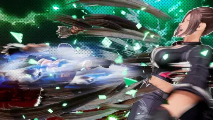 Video game 4K Ultra HD PC desktop wallpaper of Fatal Fury: City of the Wolves — female fighter unleashing a blurred energy slash amid green background with card-like debris and motion trails.