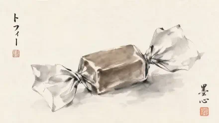 Ink-wash painting of a single wrapped toffee on cream paper with Japanese calligraphy and seals — 4K Ultra HD PC desktop wallpaper/background.