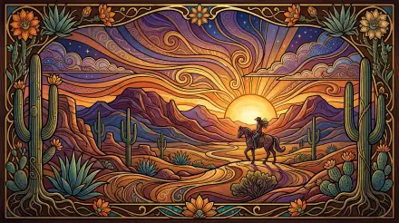 Vibrant 5K Ultra HD PC desktop wallpaper and background: stylized desert sunset with a lone rider on horseback, swirling colorful sky, saguaro cacti and layered mountains.