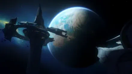 Genshin Impact video game — Luna VIII 4K Ultra HD PC desktop wallpaper: silhouetted orbital station beside a blue-green planet against a starry void.