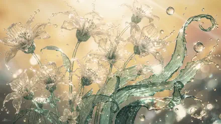 4K Ultra HD PC desktop wallpaper and background: dreamy summer floral scene of translucent blooms and flowing water-like ribbons against warm golden bokeh.
