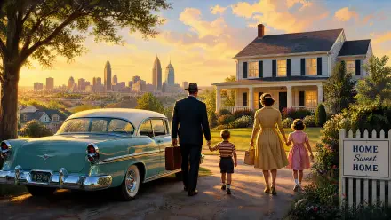 The American Dream — 4K Ultra HD PC Desktop Wallpaper and Background: a 1950s family walks hand-in-hand past a vintage car toward a sunlit suburban home with a distant city skyline.
