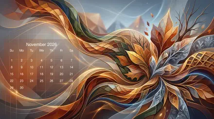 November 2026 calendar over an abstract autumn leaf swirl in rich gold and blue tones — 5K Ultra HD PC desktop wallpaper and background.