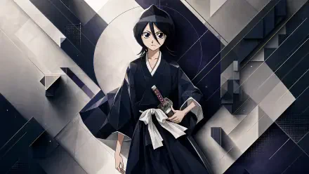 Rukia Kuchiki in black shihakusho, holding her zanpakuto before a stylized moon and geometric backdrop — 4K Ultra HD PC desktop wallpaper/background.