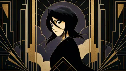Rukia Kuchiki portrait in Art Deco gold and black motif, centered against a geometric sunburst; 4K Ultra HD PC desktop wallpaper and background.