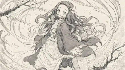 Monochrome sketch of Nezuko Kamado in a flowing kimono and ribbon, surrounded by swirling petals and branches — 4K Ultra HD PC desktop wallpaper and background
