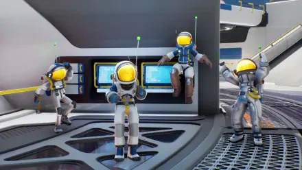 HD PC desktop wallpaper and background from the video game Starseeker: Astroneer Expeditions showing four white-suited astronauts with yellow visors jumping and posing inside a futuristic space station.