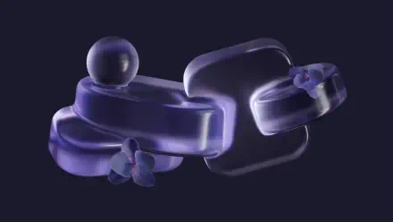 Microsoft Opaline 4K Ultra HD PC desktop wallpaper: translucent opalescent purple glass-like abstract blobs and a sphere with small violet flowers on a deep navy background.