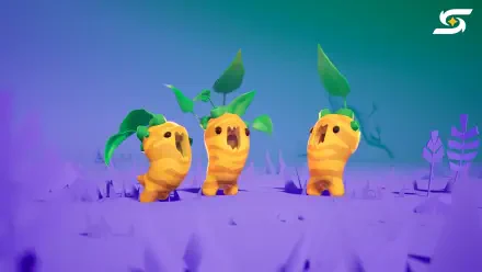 Three chubby yellow sprout creatures with leafy heads on a purple alien plain — video game Starseeker: Astroneer Expeditions 4K Ultra HD PC desktop wallpaper and background.
