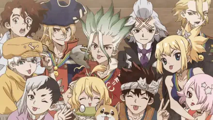 HD anime PC desktop wallpaper: Dr. Stone characters in a bright group portrait—Senku with spiky green hair at center, surrounded by smiling friends and playful expressions.