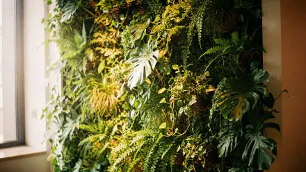Lush living wall of ferns, philodendrons and trailing vines, vibrant green textures and dappled light — 4K Ultra HD PC desktop wallpaper and background.