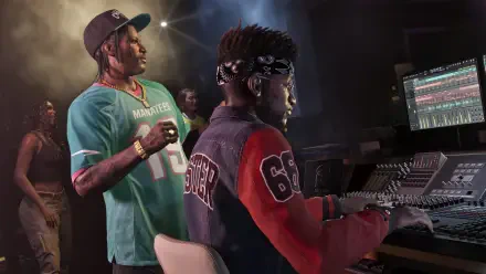 4K Ultra HD PC desktop wallpaper inspired by Grand Theft Auto VI: two musicians in a dim recording studio control room, cinematic lighting — tagged DreQuan Priest.