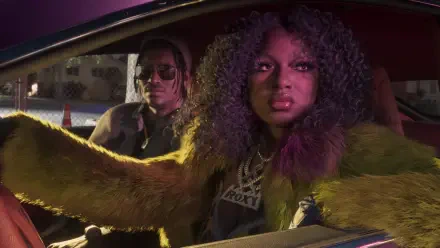 4K Ultra HD Grand Theft Auto VI desktop wallpaper showing two stylized characters in a car — driver with sunglasses and passenger with curly hair and a fur coat; Real Dimez video game art.