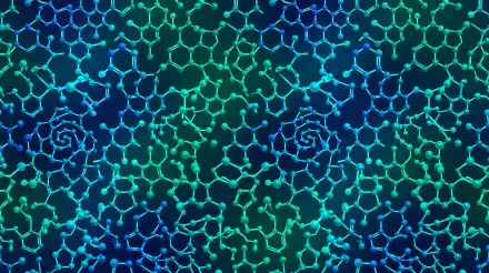 5K Ultra HD PC desktop wallpaper/background showing a teal-blue molecular pattern with hexagonal bonds and spiral motifs forming a repeating, textured nanoscale lattice.