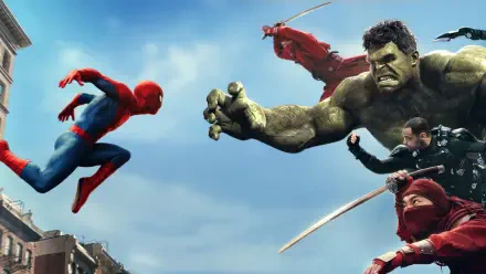 4K Ultra HD PC wallpaper featuring Spider-Man: Brand New Day — Spider-Man mid-swing toward the Hulk and armored foes over a city skyline.