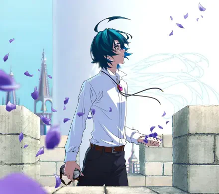 Anime 2K Quad HD PC desktop wallpaper of Will Serfort (Wistoria: Wand and Sword) — teal‑haired young man on a castle wall, white shirt, drifting purple petals and a subtle wand motif.