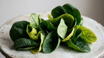 Close-up of fresh spinach leaves on a speckled ceramic plate, rendered in crisp detail as a 5K Ultra HD PC desktop wallpaper and background.