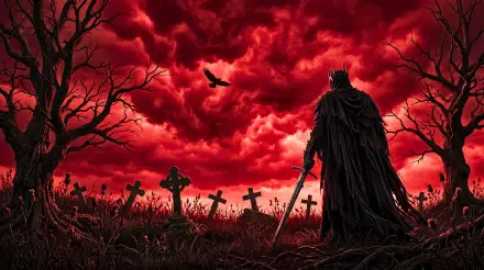 5K Ultra HD PC wallpaper: a medieval death knight stands in a graveyard beneath a crimson sky — red aesthetic with weathered crosses, crows, and a drawn sword.