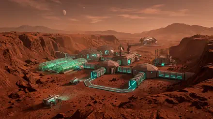 5K Ultra HD PC desktop wallpaper of a Mars colony: illuminated domes, green-lit corridors and landing craft spread across a red rocky plain under a dusky orange sky.