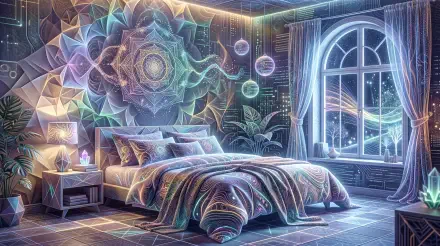 Aesthetic bedroom with glowing mandala wall art, neon pastel bedding, hanging orbs and arched window framing a starry sky — 5K Ultra HD PC desktop wallpaper and background.