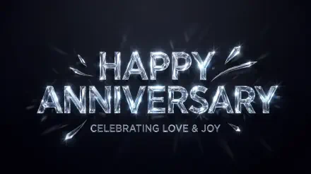 5K Ultra HD PC desktop wallpaper: dark background with 'HAPPY ANNIVERSARY' in crystalline shattered-glass letters and 'CELEBRATING LOVE & JOY' caption.