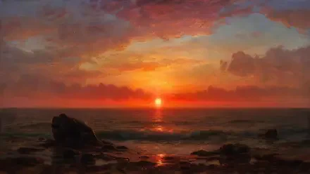 4K Ultra HD PC desktop wallpaper showing an ocean sunset: glowing sun on the horizon, colorful clouds and waves lapping a rocky shore.