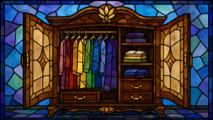 Stained-glass style wardrobe with open doors revealing rainbow-colored shirts, shelves and drawers — 4K Ultra HD PC desktop wallpaper and background.