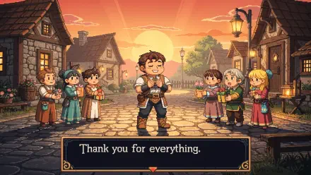 Grateful pixel-art sunset village: hero bows as townsfolk applaud with text Thank you for everything. 4K Ultra HD PC desktop wallpaper and background, warm nostalgic palette.