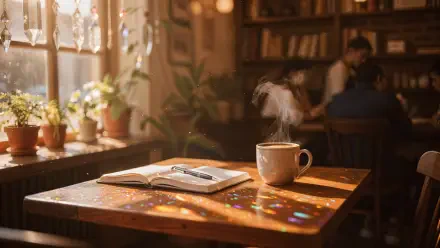 Warm lofi coffeehouse scene: open notebook and steaming mug on a sunlit table, blurred bookshelves and patrons in the background — 4K Ultra HD PC desktop wallpaper.