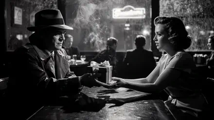 Film-noir black-and-white 4K Ultra HD PC desktop wallpaper/background: a man in a fedora hands a wrapped gift to a woman across a smoky bar, a tense gift-giving moment.
