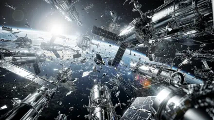 Space debris field and fragmented satellite modules orbiting above Earth with bright solar glare — 4K Ultra HD PC desktop wallpaper/background.