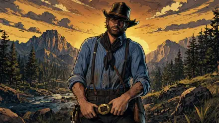 Arthur Morgan stands in a rugged frontier at sunset, mountains and pine forest behind him — 4K Ultra HD PC desktop wallpaper.