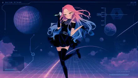 Alien Stage — 4K Ultra HD PC desktop wallpaper: anime-style alien singer with pink-blue hair on a neon grid stage with planets and holographic HUD.