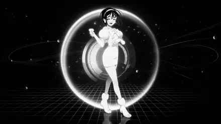 Monochrome Alien Stage 4K Ultra HD PC desktop wallpaper: a stylized female android posing inside a glowing circular portal on a grid floor, with orbit rings and distant stars.