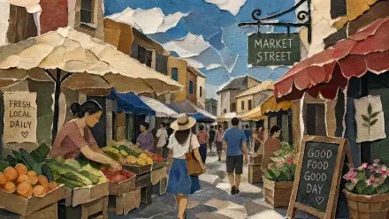 Vibrant street market with produce stalls, shoppers and sunlit awnings in a painted collage style — 4K Ultra HD PC desktop wallpaper and background.