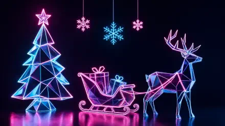 Neon Christmas 4K Ultra HD PC desktop wallpaper: glowing wireframe tree, hanging snowflakes, sleigh and geometric reindeer in pink and blue on a black background.
