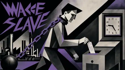 4K Ultra HD PC desktop wallpaper titled WAGE SLAVE: angular, monochrome worker chained to a cityscape, inserting a timecard into a box beneath a wall clock, purple accents.
