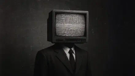 4K Ultra HD PC desktop wallpaper: a tv head figure in a suit with a static-filled vintage screen against a textured dark background.