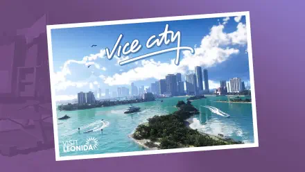 Grand Theft Auto VI, video game Grand Theft Auto 4K Ultra HD PC wallpaper: Vice City postcard-style view of tropical islands, turquoise bay with boats and seaplane and a modern skyline under blue skies.
