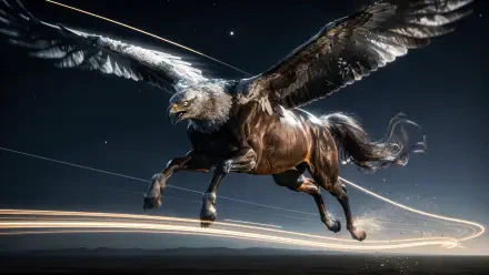 Hippogriff soaring over a glowing horizon with motion trails and stars — 4K Ultra HD PC desktop wallpaper and background.